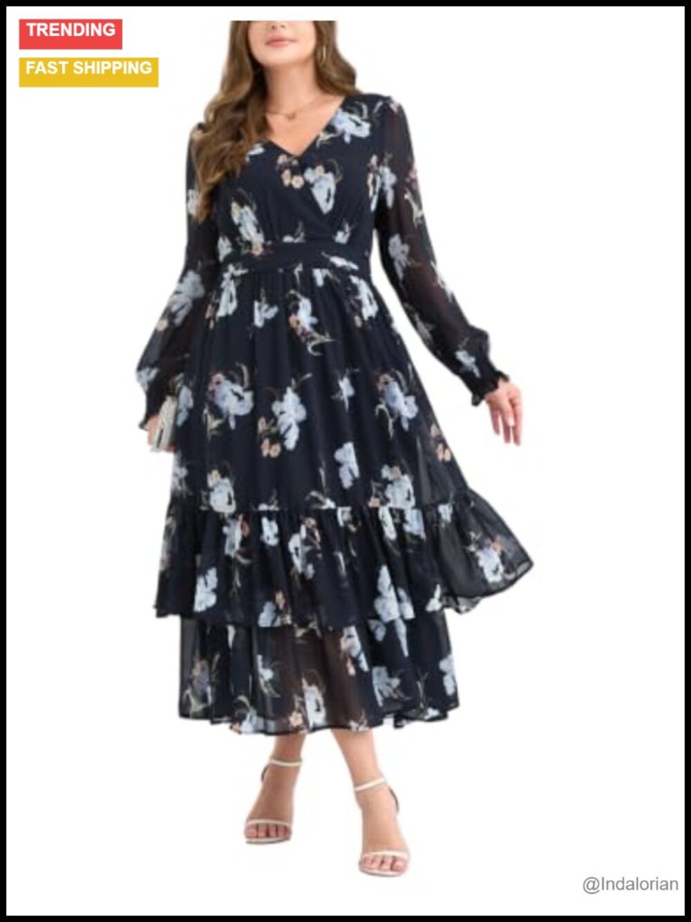 Plus Size Floral Print V Neck Long Sleeve Maxi Dress Chiffon